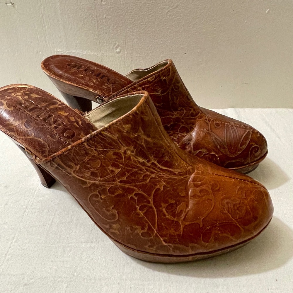 Arturo Chiang Womens 5M Leather Mules Clogs Heels‎ Brown Floral Pattern